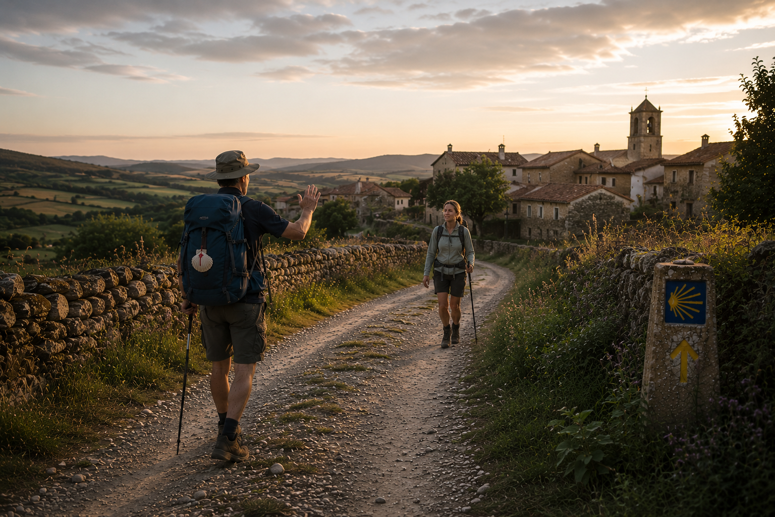 Två pilgrimer möts längs Camino de Santiago och hälsar Buen Camino