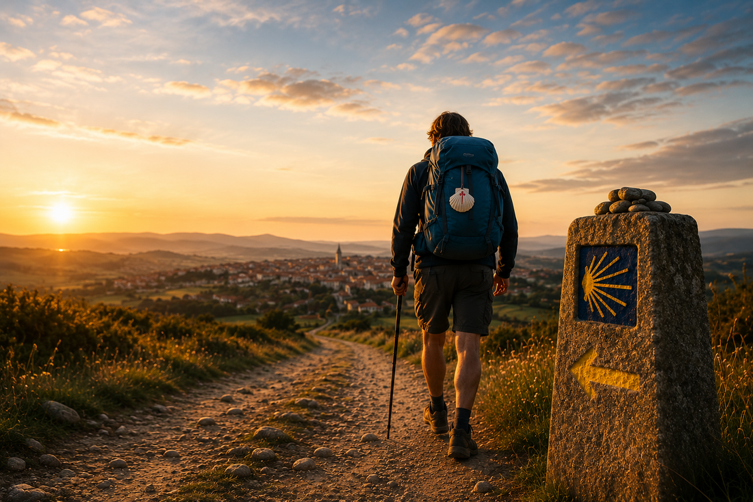Pilgrim på väg mot Santiago de Compostela längs Camino de Santiago
