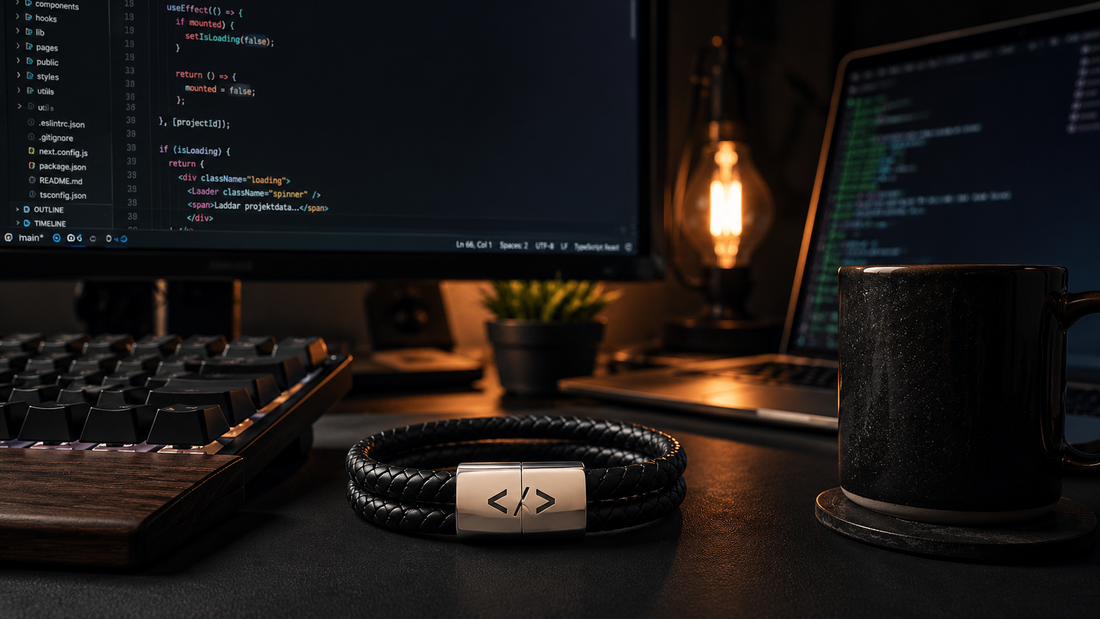 Holtbo DEV armband i en mörk utvecklarmiljö med kod, tangentbord och kaffe