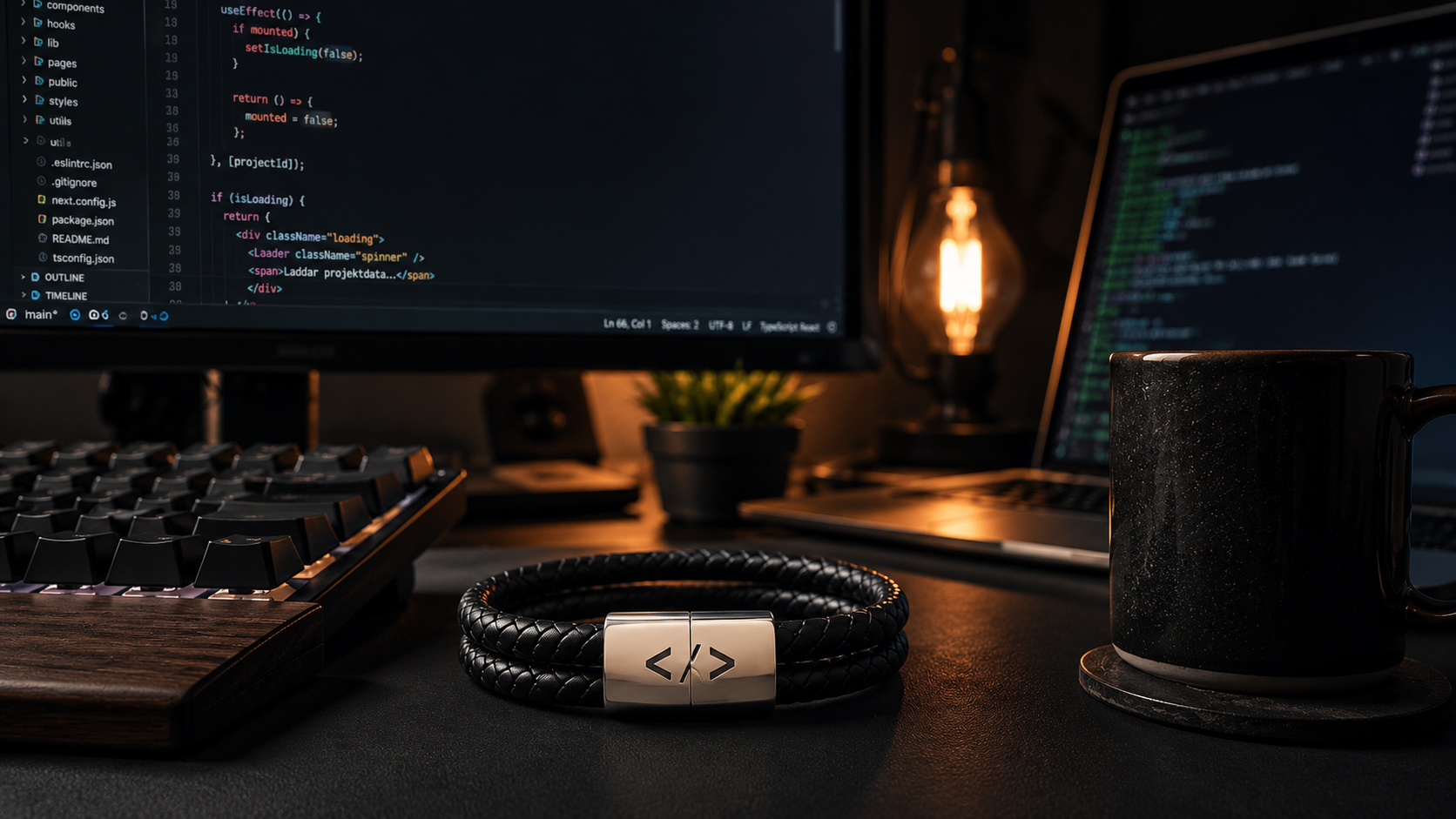 Holtbo DEV armband i en mörk utvecklarmiljö med kod, tangentbord och kaffe