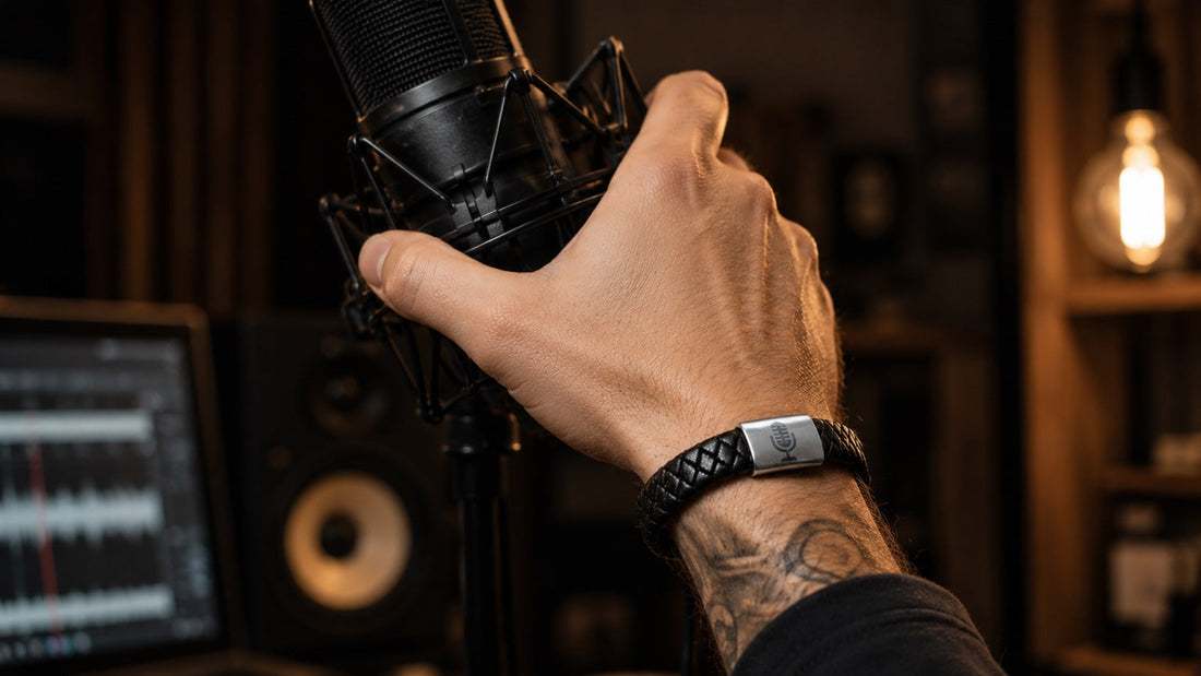 Person med läderarmband med graverad mikrofon håller i en studiomikrofon – symbol för röst, scen och uttryck