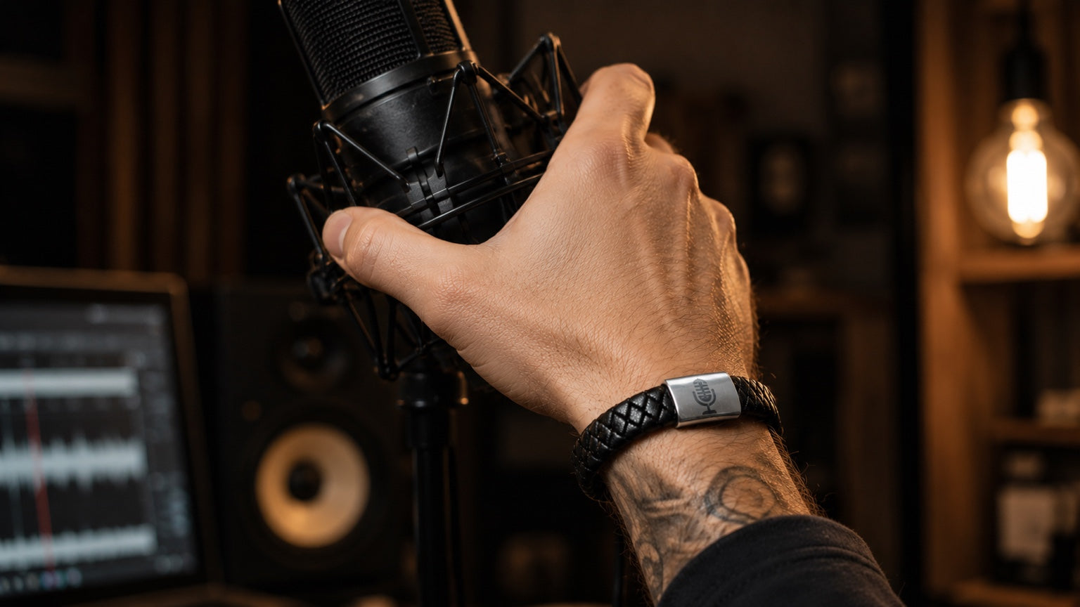 Person med läderarmband med graverad mikrofon håller i en studiomikrofon – symbol för röst, scen och uttryck