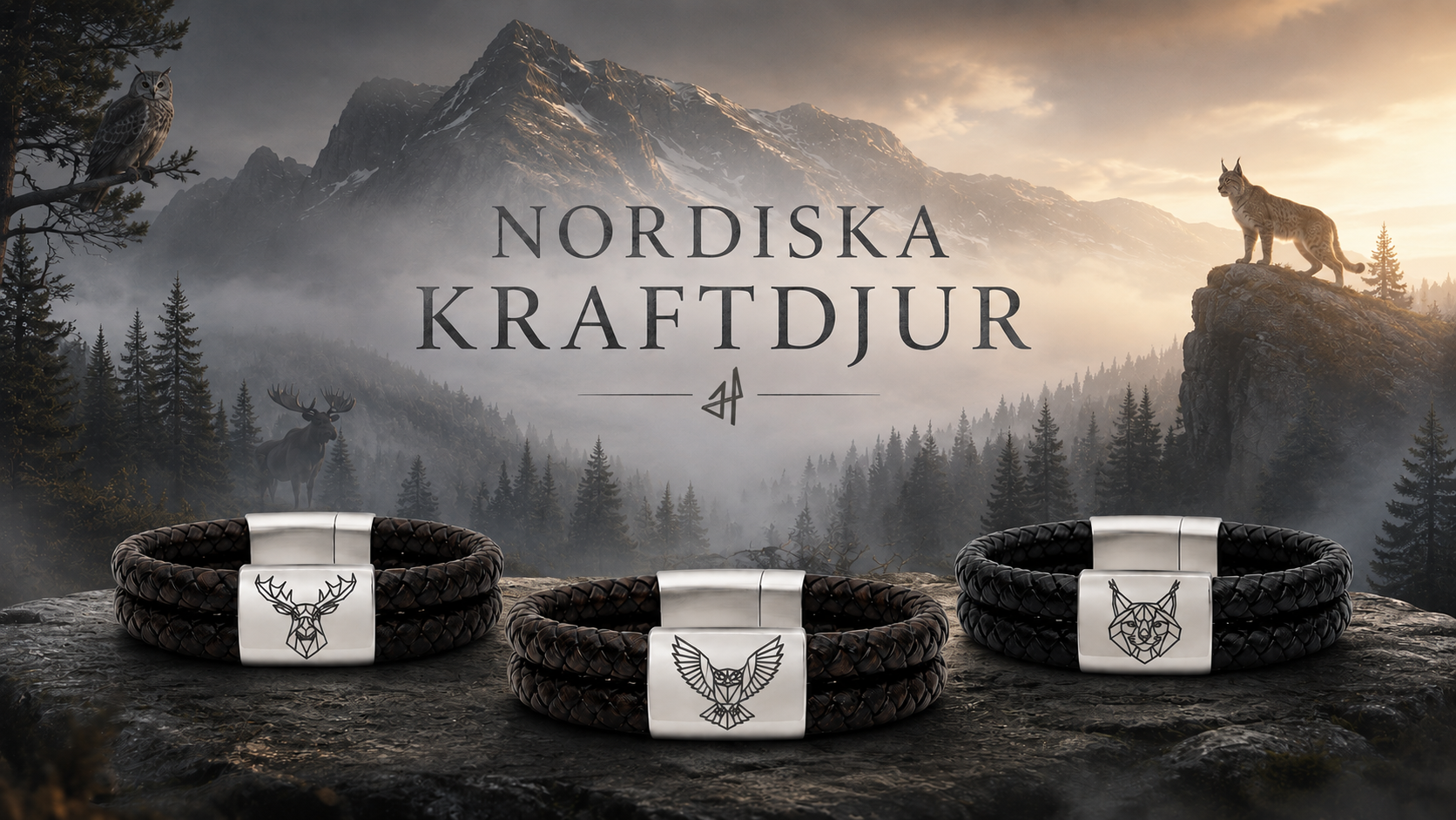 Nordiska kraftdjur armband i läder och stål med älg, uggla och lodjur – nordisk symbolik inspirerad av skandinavisk natur