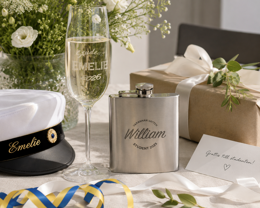 Personliga studentpresenter med gravyr – champagneglas och fickplunta från Holtbo