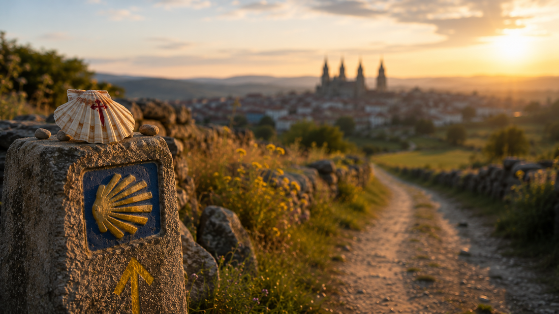 Pilgrimsmussla och vägmarkering längs Camino de Santiago i kvällsljus
