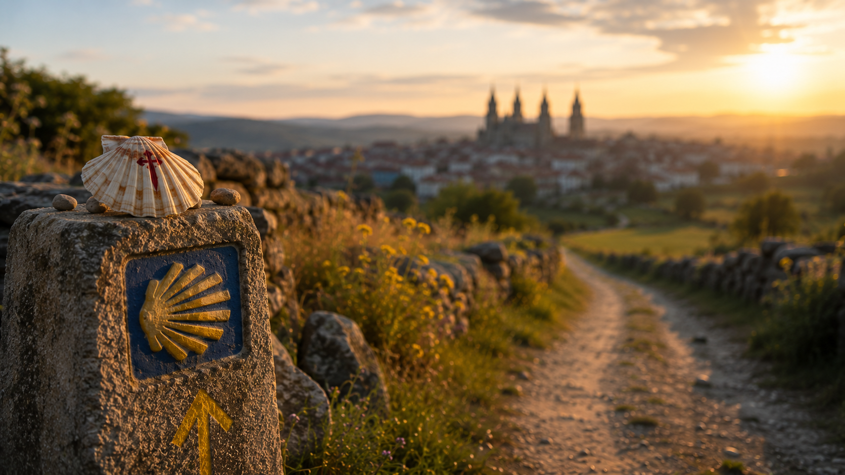 Pilgrimsmussla och vägmarkering längs Camino de Santiago i kvällsljus