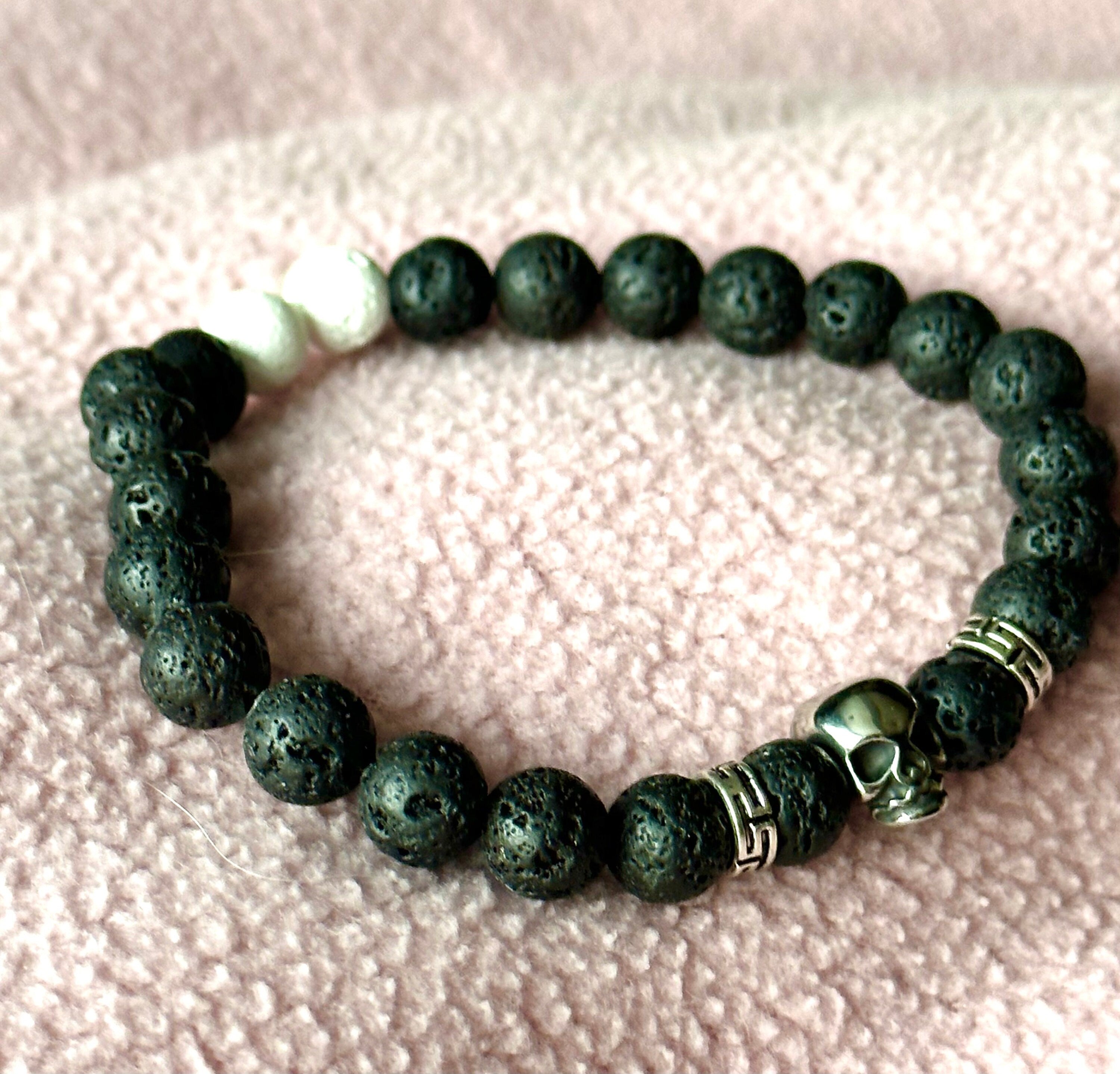 Lavarock beaded skull bracelet in black and white