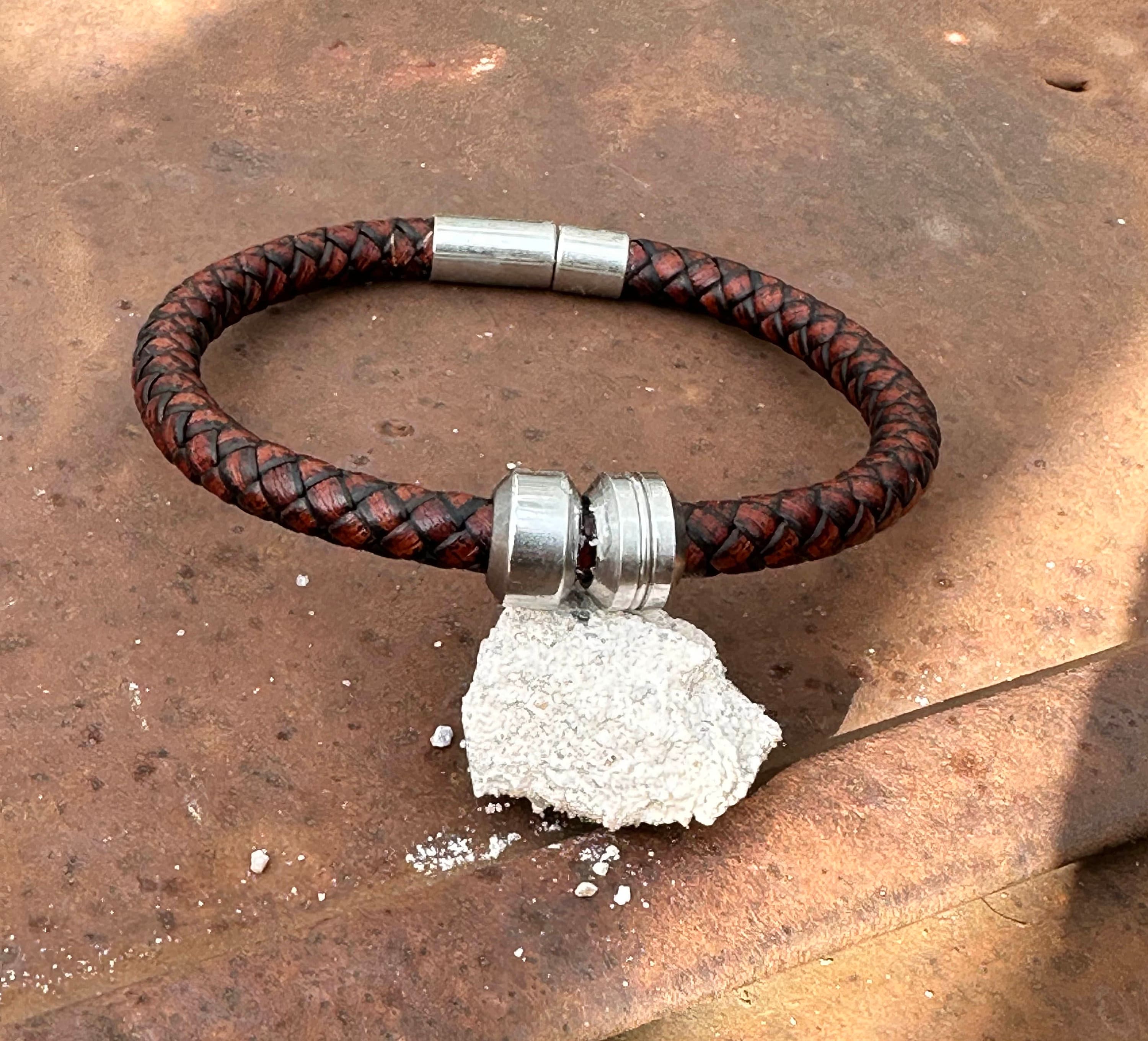 Mens braided leather bracelet with stainless steel charms