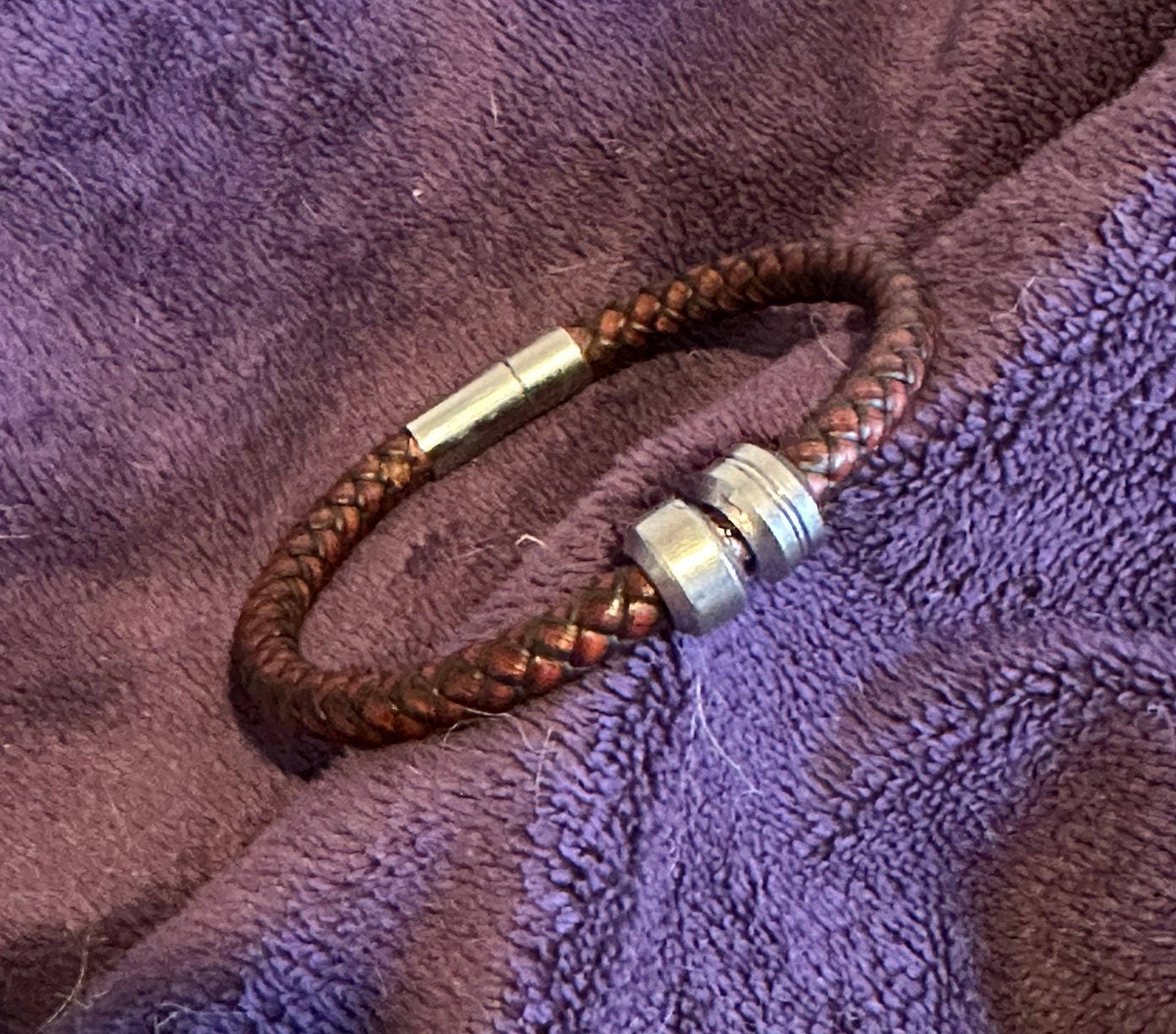 Mens braided leather bracelet with stainless steel charms