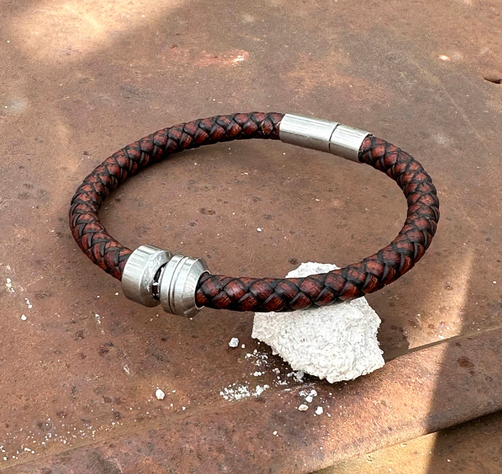 Mens braided leather bracelet with stainless steel charms