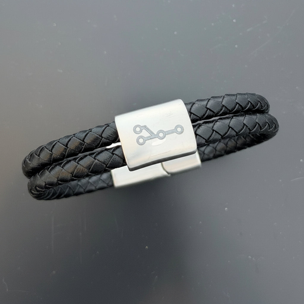 Branch Git-armband i svart läder med dubbla runda remmar och graverad stålpärla