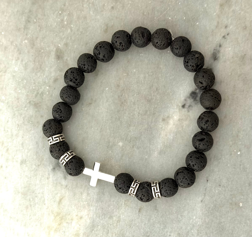 Radbandsarmband i Lavasten med Silverkors – Elastiskt Armband