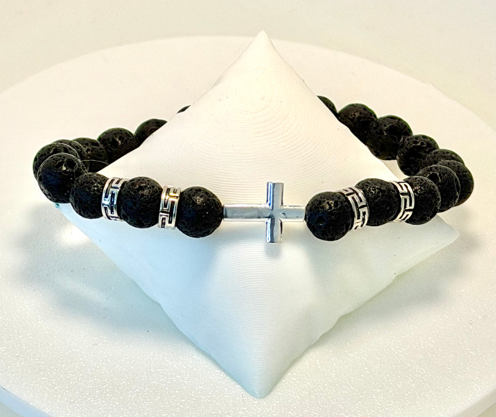 Radbandsarmband i Lavasten med Silverkors – Elastiskt Armband