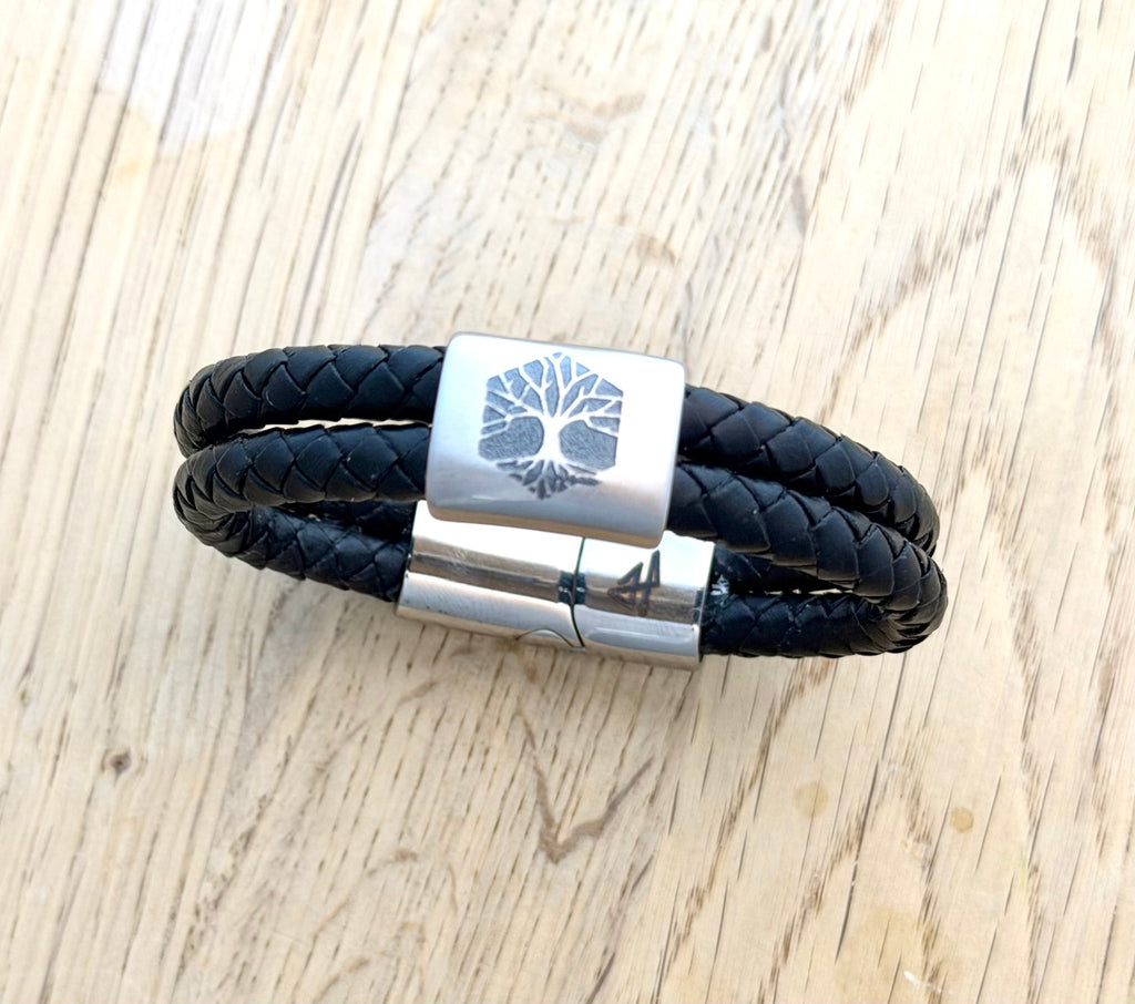 Vikinginspirerat läderarmband med Livets träd i rostfritt stål