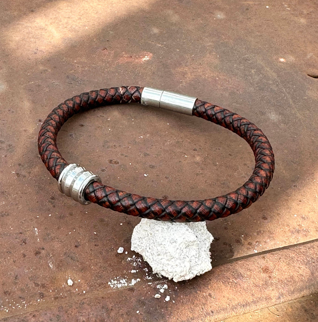 Leather and steel bracelet for men
