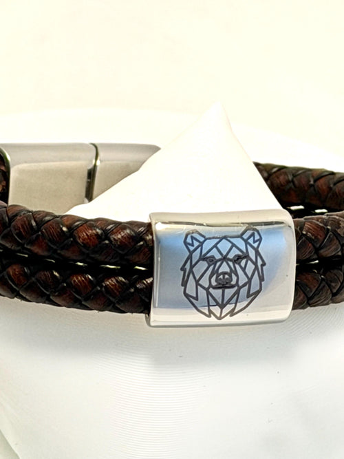 Björn läderarmband med lasergraverad detalj i rostfritt stål